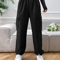 AAHWAN Women Black Loose Fit High-Rise Cotton Cargos-image-74