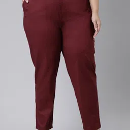 Go Colors Women Plus Size Maroon Cotton Tailored Tapered Fit Trousers-88
