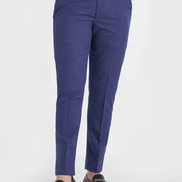 MR BUTTON Men Blue Checked Slim Fit Formal Trousers-image-52