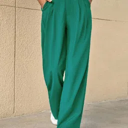 Kotty Green Women Relaxed Straight Leg High-Rise Easy Wash Pleated Parallel Trousers-image-96