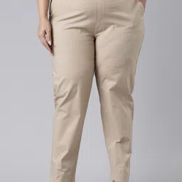 Go Colors Women Plus Size Beige Cotton Straight Fit Chinos Trousers-82