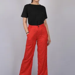 OWO THE LABEL Women Red Printed Relaxed Cotton Trousers-picture-30