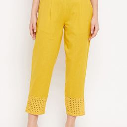 WineRed Women Yellow Comfort Easy Wash Pleated Cotton Trouser-image-63