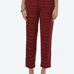 Biba Women Maroon Striped Smart Straight Fit Cotton Trouser-image-40