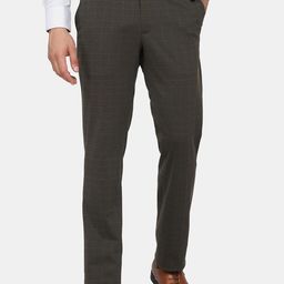 Blackberrys Men Olive Green Checked Slim Fit Low-Rise Formal Trousers-picture-9