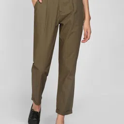 I Love She Women Olive Green High-Rise Pleated Cotton Trousers-image-19