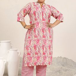 EXTRA LOVE BY LIBAS Plus Size Floral Printed Mandarin Collar Straight Kurta With Trousers-picture-31
