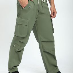 Beyoung Men Pale Olive Pleated Elasticated Cargo Pants-image-42