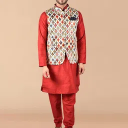 PRINTCULTR Regular Pure Silk Kurta & Trousers With Nehru jacket-image-72
