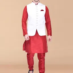 PRINTCULTR Mandarin Collar Straight Pure Silk Kurta With Trousers & Nehru Jacket-image-58