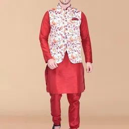 PRINTCULTR Mandarin Collar Regular Pure Silk Kurta With Churidar & Printed Nehru jacket-picture-11