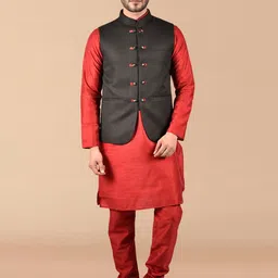 PRINTCULTR Mandarin Collar Pure Silk Kurta with Trousers With Nehru Jacket-image-66