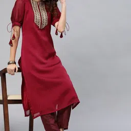 Inddus Women Maroon Embroidered Puff Sleeved Kurta with Trousers-picture-50