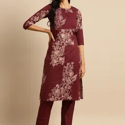 Sangria Floral Printed Pure Cotton Straight Kurta With Trouser-image-69