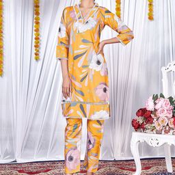 KALINI Floral Printed Laced A-Line Kurta With Trousers-image-58