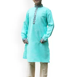 Manyavar Boys Turquoise Blue Solid Gotta Patti Kurta with Churidar-image-98