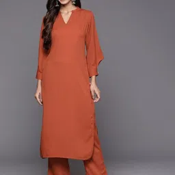 Varanga Rust Mandarin Collar Cuffed Sleeves Straight Kurta with Trousers-23