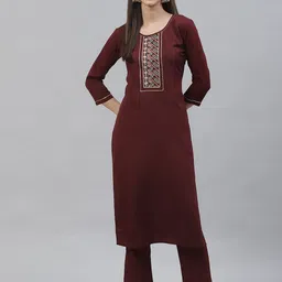 SheWill Women Maroon Ethnic Motifs Yoke Design Kurta with Trousers-3