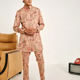 Project Bandi Floral Printed Band Collar Cotton Kurta with Trousers-image-91
