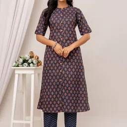 Kohsh Floral Printed Pure Cotton A-Line Kurta With Trousers-image-8
