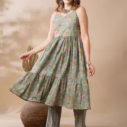 Globus Green & Blue Floral Printed Tiered Pure Cotton Kurta with Trousers-image-73