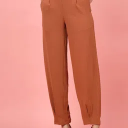 plusS Women Rust Regular Fit Mid-Rise Pleated Trousers-89