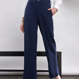 SASSAFRAS Women Navy Blue Straight Fit High-Rise Pleated Bootcut Trousers-image-96