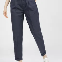 Tokyo Talkies Women Navy Blue High-Rise Pleated Trousers-image-57