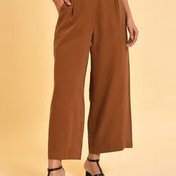 W Women Brown Pleated Culottes Trousers-image-14
