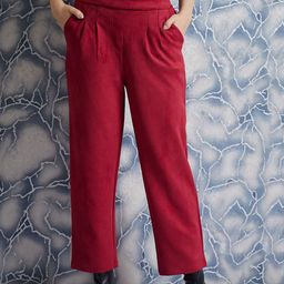 Athena Women Maroon Tailored Mid-Rise Easy Wash Pleated Regular Trousers-image-16