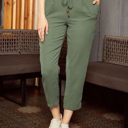 KASSUALLY Women Green Mom Fit High-Rise Cropped Peg Trousers-image-9