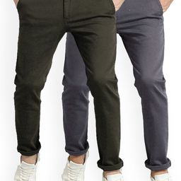 AD & AV Pack of 2 Men Olive Green Classic Easy Wash Chinos Trousers-image-34