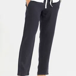 Snitch Men Navy Blue Relaxed Straight Fit Linen Trousers-image-66