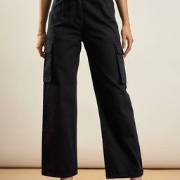 SASSAFRAS Women Straight Fit Mid-Rise Cotton Cargos Trousers-image-56
