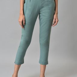 W Women Blue Slim Fit Cotton Trousers-11