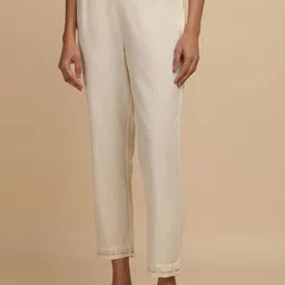 W The Folksong Collection - Women Ecru Solid Cotton Slim Pants-picture-52