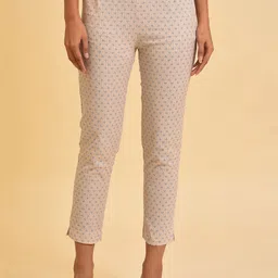 W Women Beige Printed Slim Fit Cigarette Trousers-4