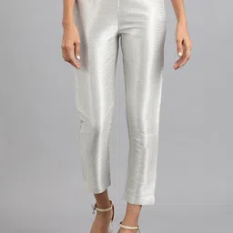 W Women Silver-Toned Striped Slim Fit Trousers-picture-5