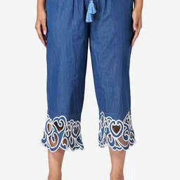 SUMAVI-FASHION Women Ethnic Motifs Embroidered Denim Culottes Trousers-image-71