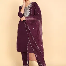 AHIKA Women Purple Floral Embroidered Kurta with Trousers & With Dupatta-picture-57