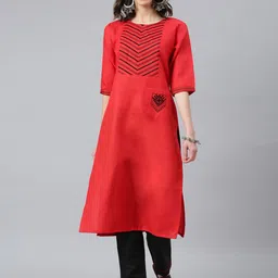 Lilots Women Red Yoke Design Kurta with Trousers-picture-15
