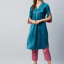 Athena Women Teal Yoke Design Pleated Kurti with Trousers-picture-43