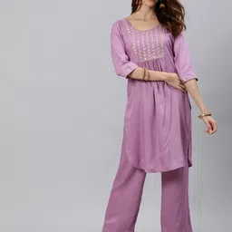 Jaipur Kurti Women Purple Embroidered Yoke Design Regular Kurti With Trousers-picture-10