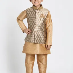 VASTRAMAY Boys Rose Gold Ethnic Motifs Layered Kurti with Trousers-picture-50