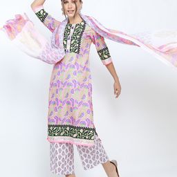 Vishudh Women Pink Floral Straight Kurti with Trousers & Dupatta-picture-27