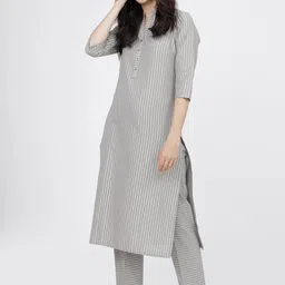 Vishudh Women Grey Striped Regular Pure Cotton Kurta with Trousers-picture-49