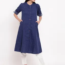 Biba Women Navy Blue Printed Pure Cotton Kurti with Trousers-34