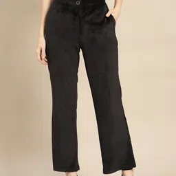 WoowZerz Women Black Solid Velvet Smart Slim Fit High-Rise Crop Bootcut Trousers-picture-6