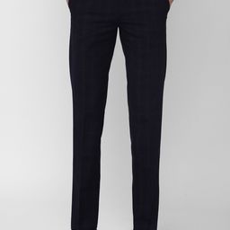 Peter England Elite Men Navy Blue Checked Slim Fit Formal Trousers-image-93