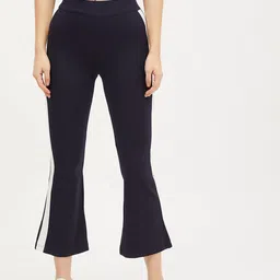 Harpa Women Navy Blue Smart Regular Fit Solid Bootcut Trousers with Side Stripes-image-89